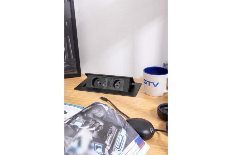MULTISOFT Nábytková zásuvka 2x zásuvka s uzemnením, USB A+C, RJ45, napájací kábel so zástrčkou, čierna