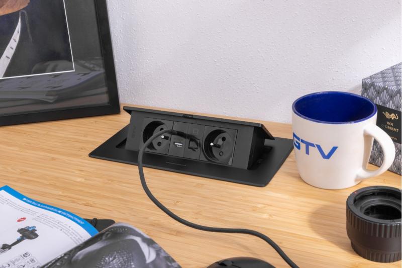 MULTISOFT Nábytková zásuvka 2x zásuvka s uzemnením, USB A+C, RJ45, napájací kábel so zástrčkou, čierna