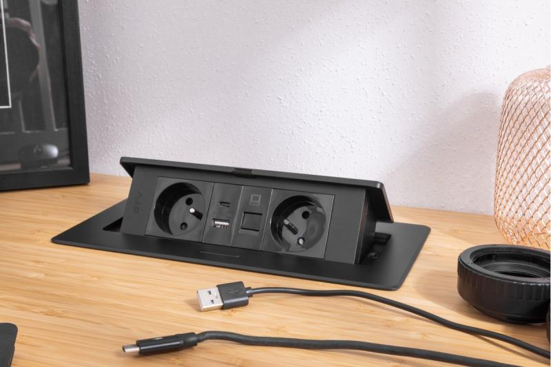 MULTISOFT Nábytková zásuvka 2x zásuvka s uzemnením, USB A+C, RJ45, napájací kábel so zástrčkou, čierna
