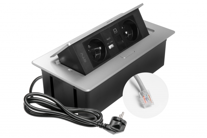 MULTISOFT Nábytková zásuvka 2x zásuvka s uzemnením, USB A+C, RJ45, napájací kábel so zástrčkou, hliník