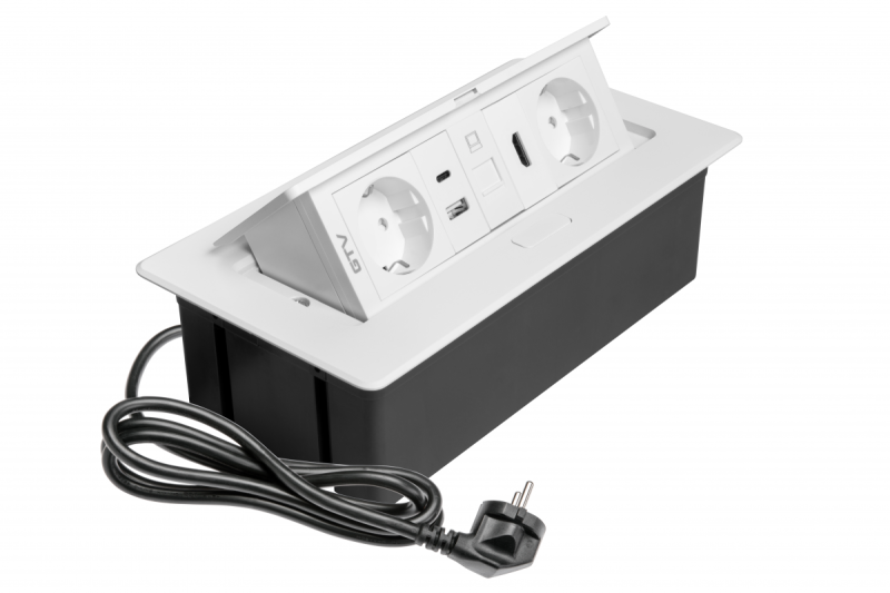Nábytková zásuvka MULTISOFT, 2xSHUKO, USB A+C, RJ45, HDMI, kábel 1.5 m, biela