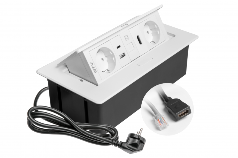 Nábytková zásuvka MULTISOFT, 2xSHUKO, USB A+C, RJ45, HDMI, kábel 1.5 m, biela