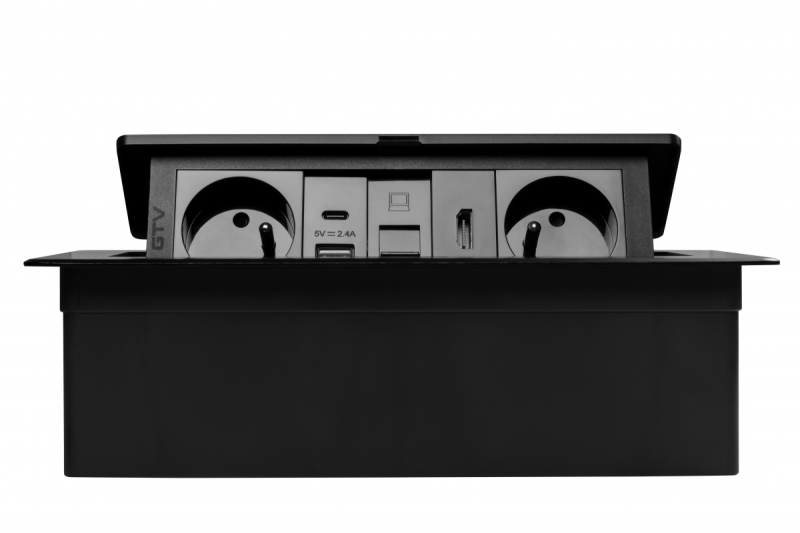 Zásuvka do nábytku MULTISOFT, 2xSHUKO, USB A+C, RJ45, HDMI kábel 1.5 m, čierna