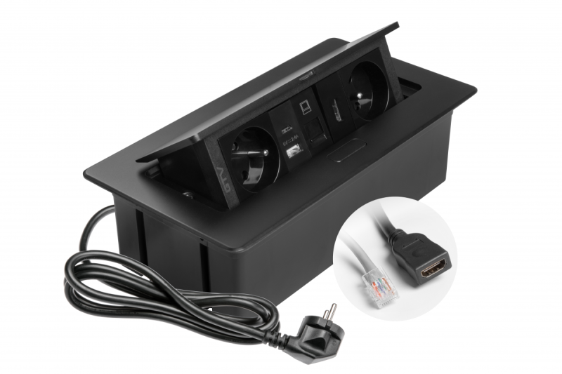Zásuvka do nábytku MULTISOFT, 2xSHUKO, USB A+C, RJ45, HDMI kábel 1.5 m, čierna