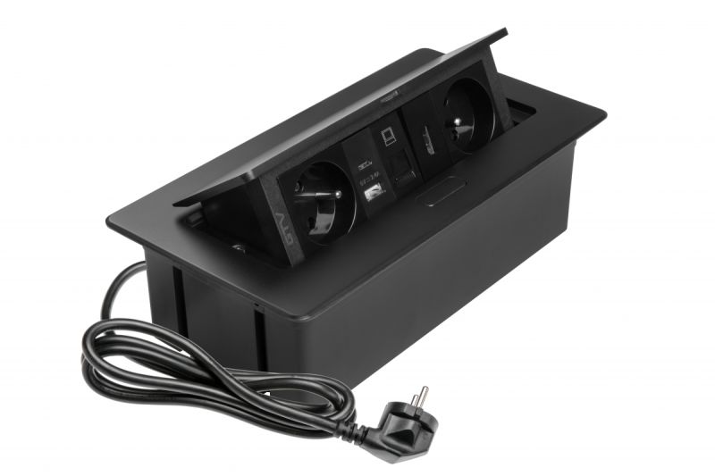 Zásuvka do nábytku MULTISOFT, 2xSHUKO, USB A+C, RJ45, HDMI kábel 1.5 m, čierna