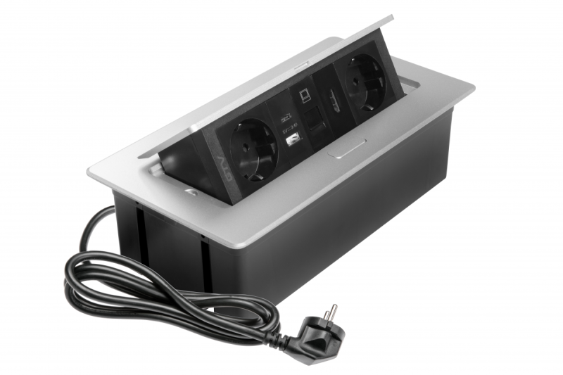 Nábytková zásuvka MULTISOFT, 2xSHUKO, USB A+C, RJ45, HDMI kábel 1,5 m, hliník