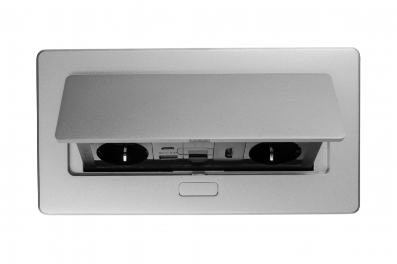 MULTISOFT nábytková zásuvka 2x zásuvka s uzemnením, USB A+C, RJ45, HDMI, napájací kábel s vidlicou, hliník