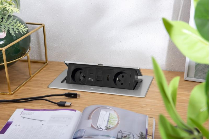 MULTISOFT nábytková zásuvka 2x zásuvka s uzemnením, USB A+C, RJ45, HDMI, napájací kábel s vidlicou, hliník