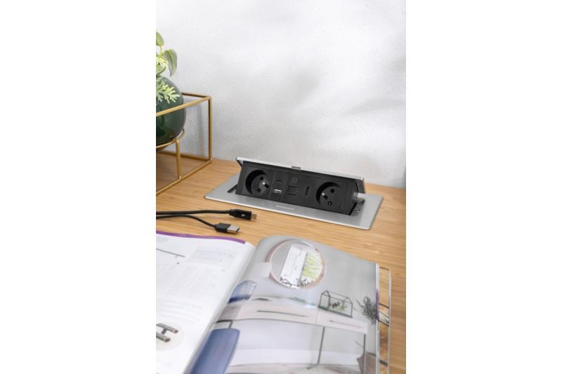MULTISOFT nábytková zásuvka 2x zásuvka s uzemnením, USB A+C, RJ45, HDMI, napájací kábel s vidlicou, hliník