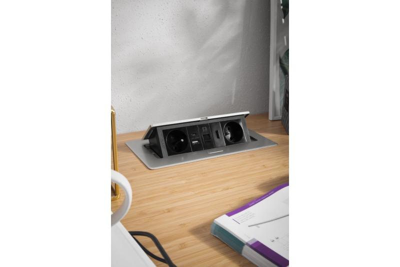 MULTISOFT nábytková zásuvka 2x zásuvka s uzemnením, USB A+C, RJ45, HDMI, napájací kábel s vidlicou, hliník