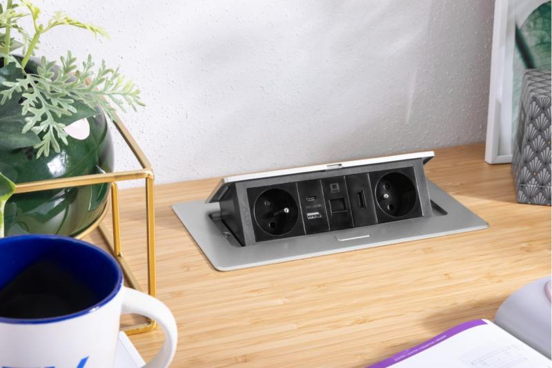 MULTISOFT nábytková zásuvka 2x zásuvka s uzemnením, USB A+C, RJ45, HDMI, napájací kábel s vidlicou, hliník