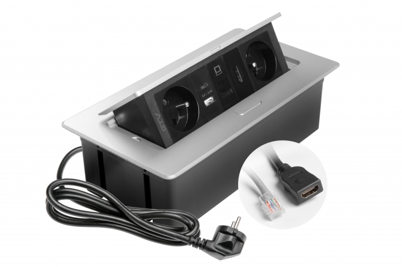 MULTISOFT nábytková zásuvka 2x zásuvka s uzemnením, USB A+C, RJ45, HDMI, napájací kábel s vidlicou, hliník