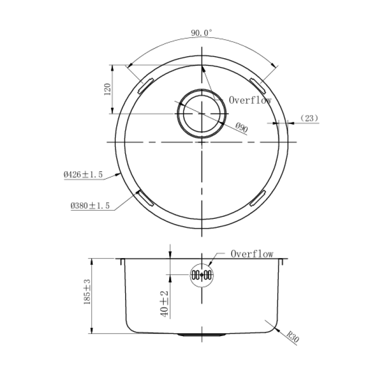 Pure.Sink Rondo RVS Kruhový drez na rovnú montáž, podmontáž a nadstavbu 38 cm PRN38-02