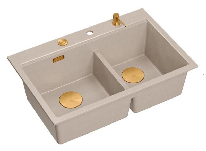 Quadri Hard Rock Dvojitý Beige Granitový Nadstavbový Drez 76x50 cm s Medeným Zátkom a Príslušenstvom 1208971726