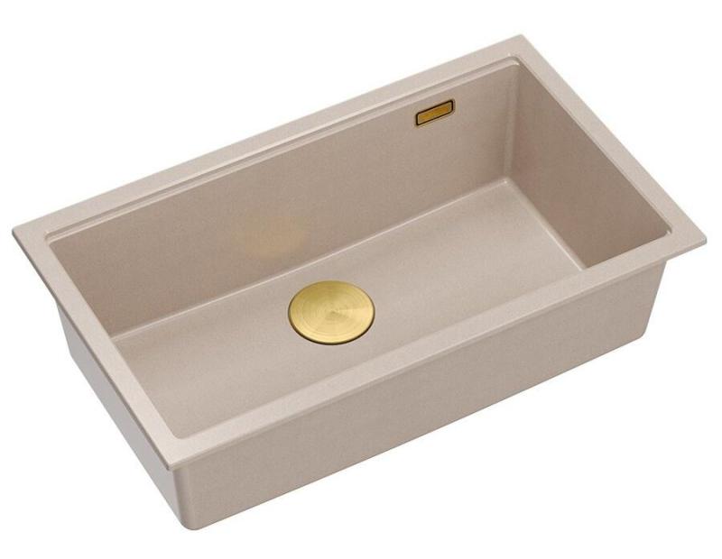 Quadri Newport II large and deep granite sink for top mount and undermount in beige, sink size 76x45cm with gold plug 1208971759.