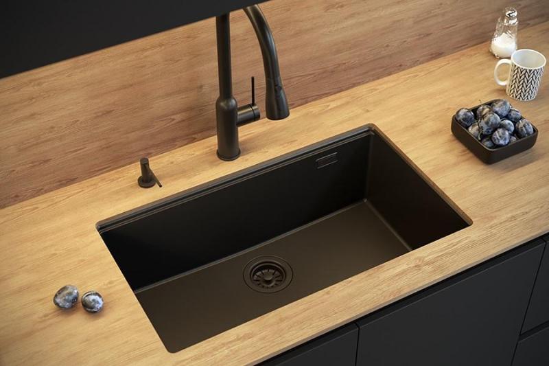 Quadri Newport II large and deep granite sink for top mount and undermount in beige, sink size 76x45cm with gold plug 1208971759.