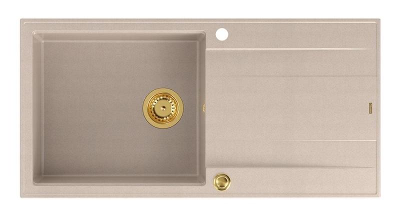 Quadri Luton beige granitový nadstavbový drez s odkvapkávačom, otočný 100x50cm so zlatou zátkou 1208971771