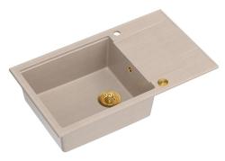 Quadri Luton beige granitový veľký nástavbový drez s odťahovacou plochou, otočný 86x50cm so zlatou zátkou 1208971774