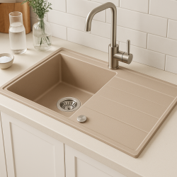 Quadri Luton beige granitový nástavbový drez s odkvapkávačom, otočný 86x50cm s nerezovou zátkou 1208971779