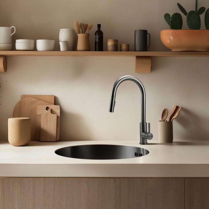 Pure.Sink Rondo Gun metal Kruhový drez na rovnú montáž, spodnú montáž a hornú montáž 38 cm PRN38-61