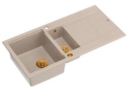 Quadri Luton beige granitový nadstavbový dvojitý drez s odčerpávacou plochou, otočný 100x50cm s medeným zátkou 1208971792