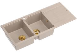 Quadri Luton konštrukcia dvojitého granitového drezu pearl beige s odťapkávacou časťou 116x50 cm so zlatou zátkou 1208971809