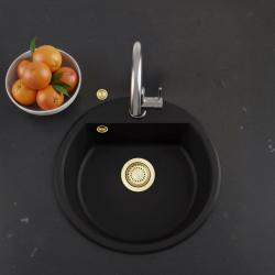 GraniteMy Bremen okrúhly granitový drez 43 cm čierny, na povrch a pod, s dierou pre kohútik a automatickým zlatým zátkou 1208971843