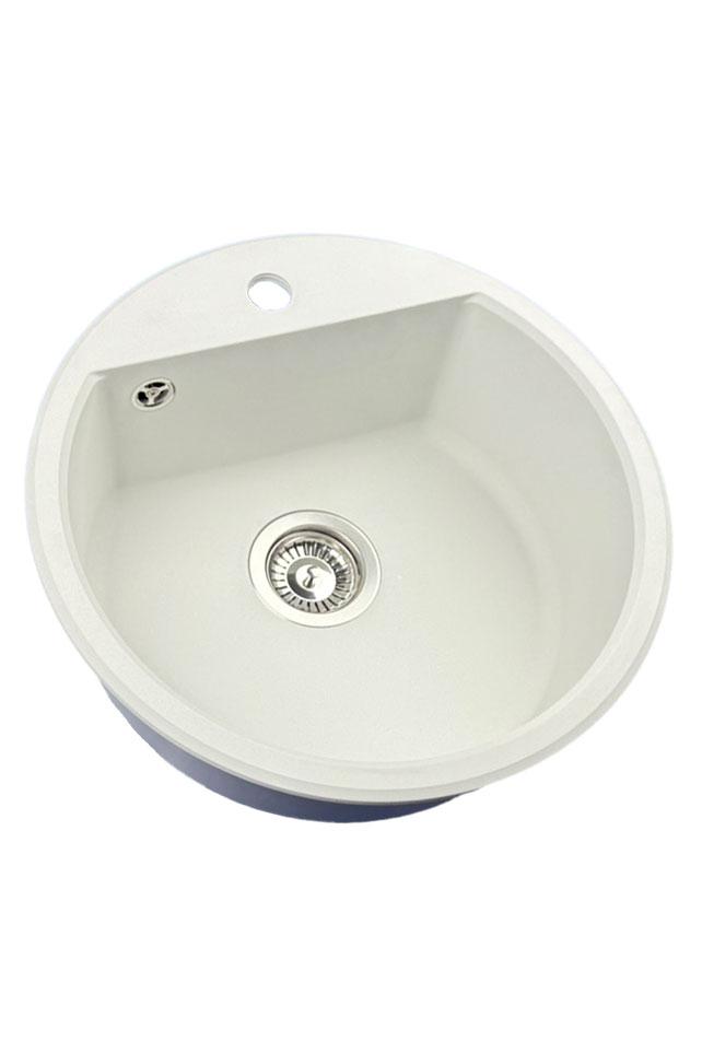 GraniteMy Bremen okrúhly granitový drez 43 cm biely, na montáž nad a pod, s otvorom pre vodovodnú batériu a automatickou nerezovou zátkou 1208971845