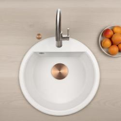 GraniteMy Bremen kruhový granitový drez 43 cm biely, na povrchu a spodnej časti, s otvorom pre kohútik a automatickou medenou zástrčkou 1208971847