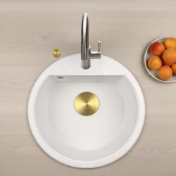 GraniteMy Bremen kruhový granitový drez 43 cm biely, na povrchu a pod ním, s otvorom pre kohútik a automatickou zlatou zátkou 1208971848