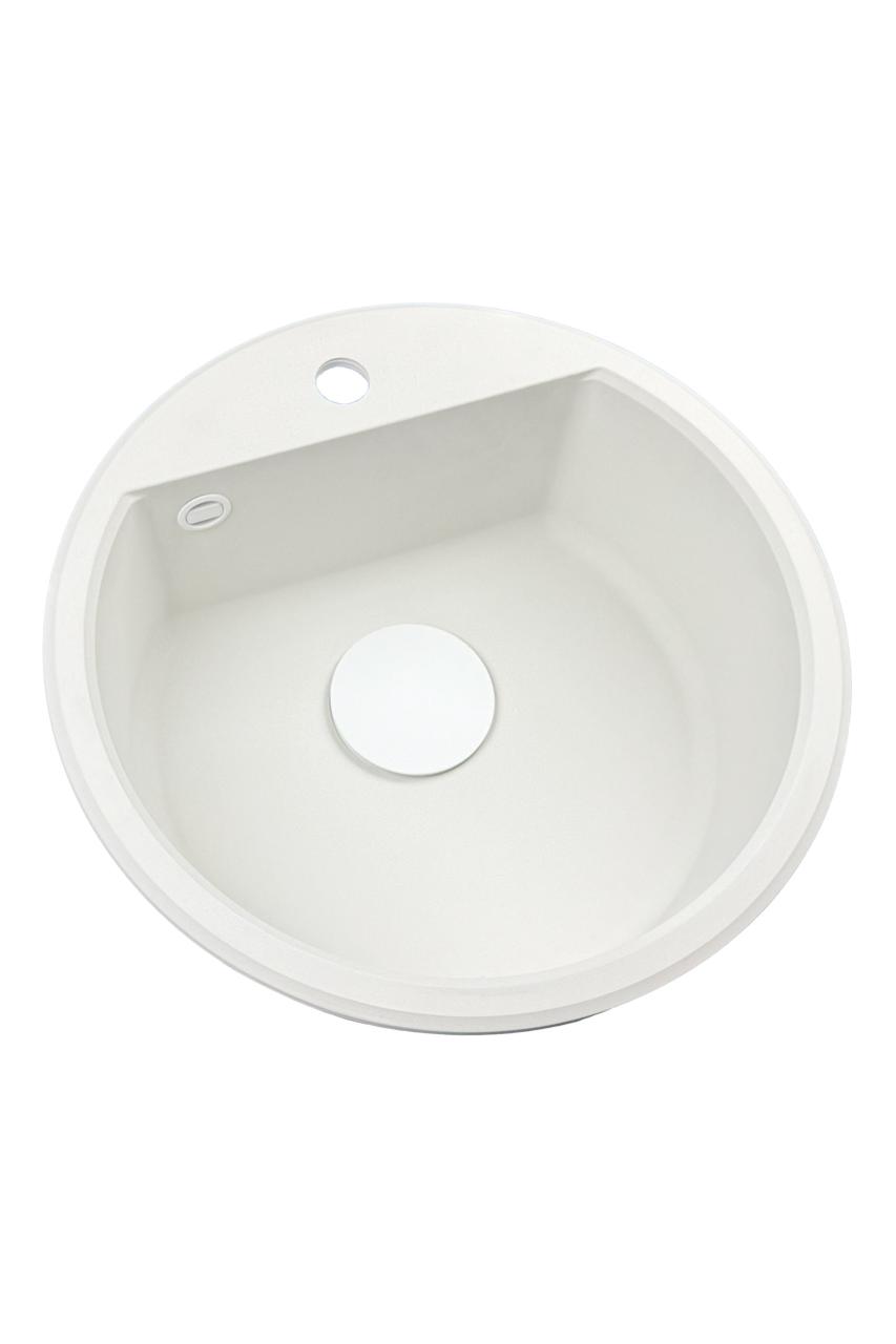 GraniteMy Bremen kruhový granitový drez 43 cm biely, na povrchovú a podpovrchovú montáž, s otvorom pre vodovodnú batériu a automatickým bielym zátkou 1208971850