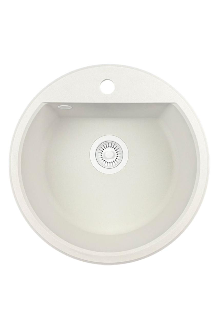 GraniteMy Bremen kruhový granitový drez 43 cm biely, na povrchovú a podpovrchovú montáž, s otvorom pre vodovodnú batériu a automatickým bielym zátkou 1208971850