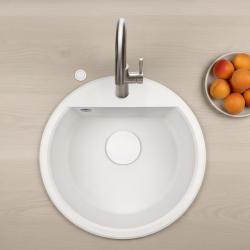 GraniteMy Bremen kruhový granitový drez 43 cm biely, na povrchovú a podpovrchovú montáž, s otvorom pre vodovodnú batériu a automatickým bielym zátkou 1208971850
