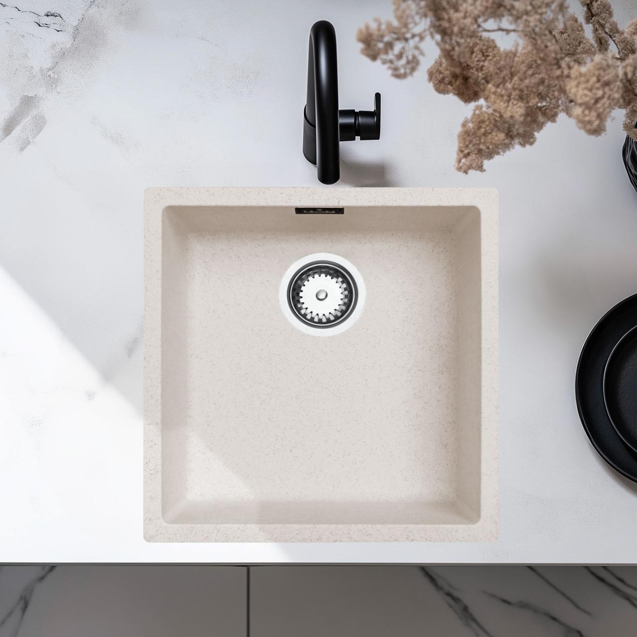 Ausmann Fibre pieskový biely drez 40x40cm na spodnú montáž, vrchnú montáž a rovnú montáž s automatickou RVS zátkou 1208971925