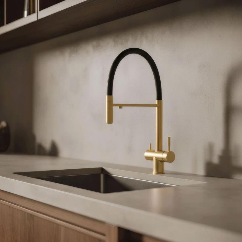 Pure.Sink Elite Steel Flex 3-way PVD brushed gold kitchen faucet with flexible spout and Filtered Water PS8110-60