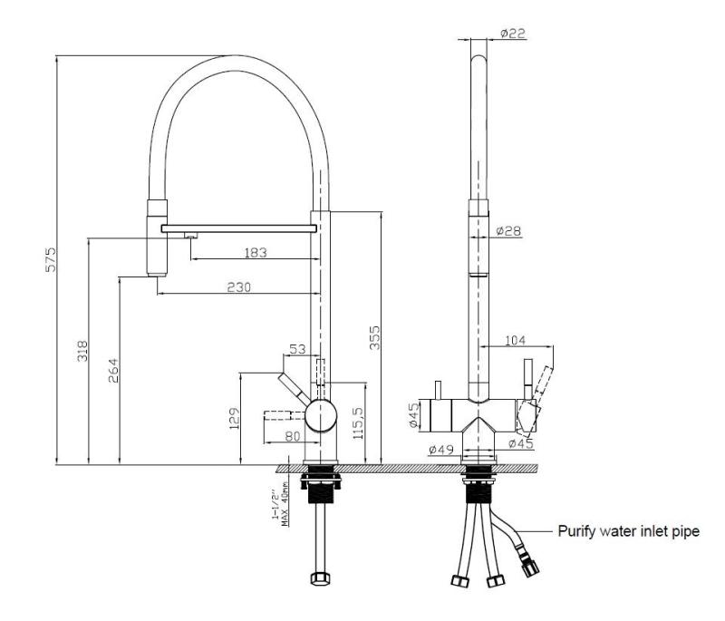 Pure.Sink Elite Steel Flex 3-cestný PVD medený kuchynský kohútik s flexibilným výlevkom a filtrovanou vodou PS8110-62