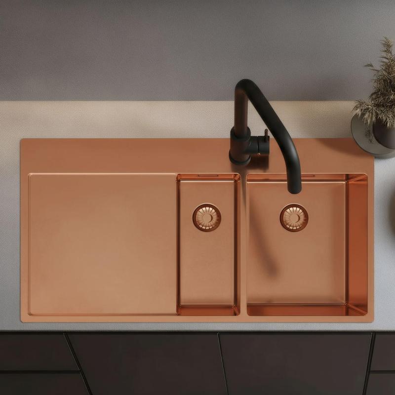 Pure.Sink Exclusivo Medený 1,5  drez s odkvapkávacou časťou 100x52 cm Kohútik na pravej strane PEX3418100RT-62