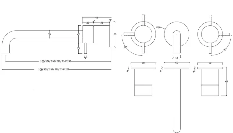 Waterevolution Flow 3-hole Built-in Washbasin Faucet PVD White Gold with spout 21 cm T1163FWGE-21