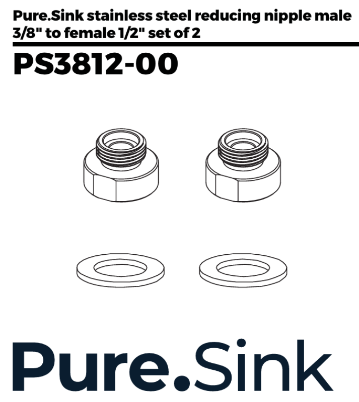 Pure.Sink Prechodová vsuvka z nehrdzavejúcej ocele s vonkajším priemerom 3/8 (samec) na vnútorný priemer 1/2 (samica) Sada 2 kusov PS3812-00