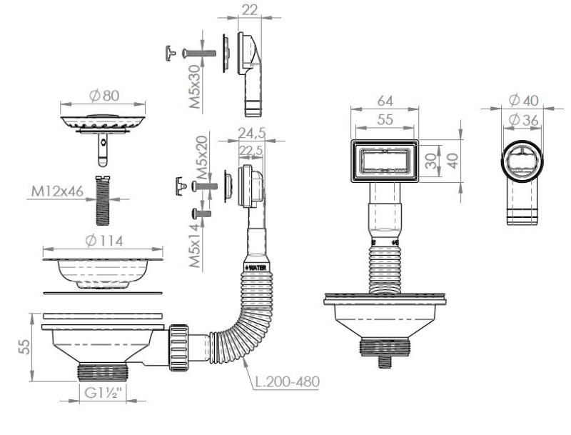 Pure.Sink Universal Sada zátok Matná čierna, odtoková sada drezu vrátane prepadu okrúhleho a obdĺžnikového WSTMAN-31