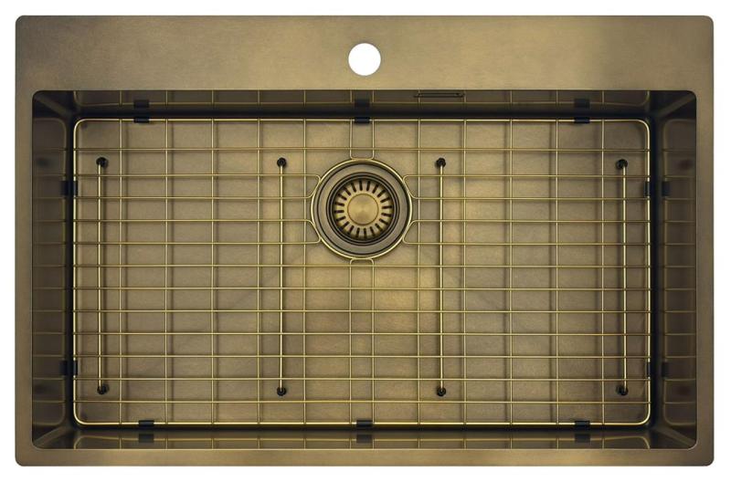 Pure.Sink Luxion Veľký PVD antický bronzový drez 78x50 cm Tapwing s odkvapkávačom a spodným roštom PLX7850T-64