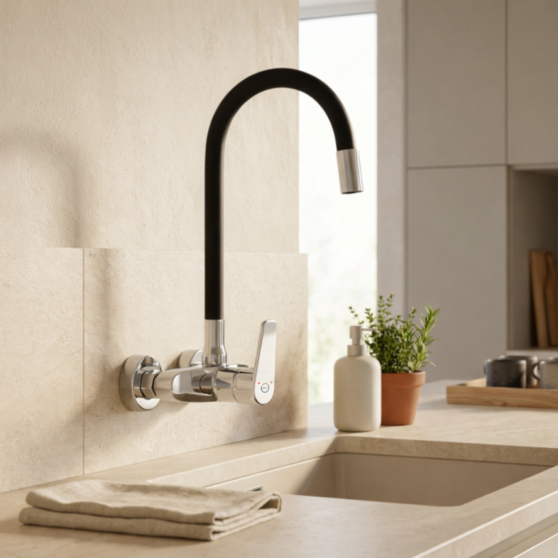 Aquanello Casa Nástenný kuchynský batériový kohútik chróm s vysokým flexibilným výtokom CR-1301-CS