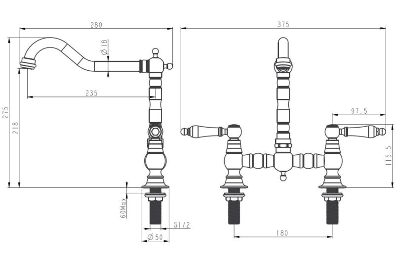 Aquanello Heritage Manor Klasická kuchynská batéria v retro štýle s mostíkom, bronzová s bielou rukoväťou BN-0010-HM