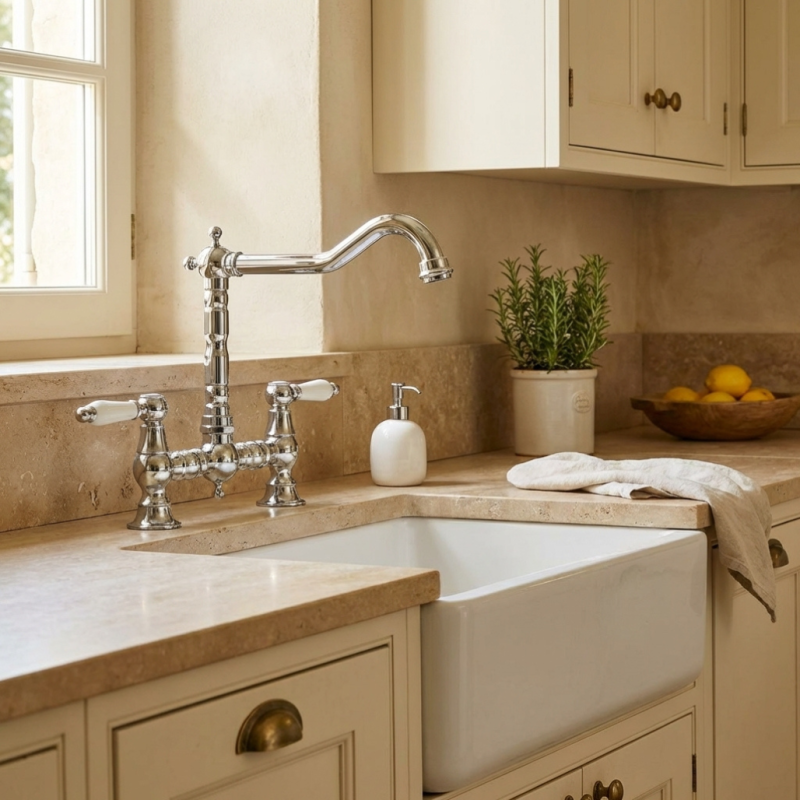 Aquanello Heritage Manor Klasická kuchyňa Nostalgický most Kuchynský kohútik Chróm s bielou rukoväťou CR-0010-HM