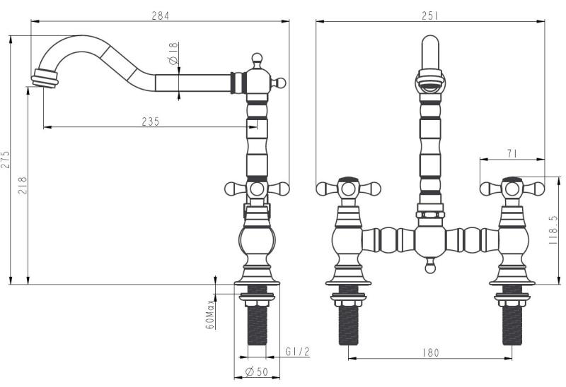 Aquanello Heritage Ascot Klasická kuchynská batéria v retro štýle s krížovými rukoväťami, chrómová, model CR-4001-HA
