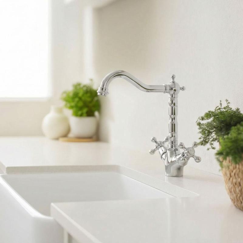 Aquanello Heritage Ascot Klasická kuchyňa – Nostalgická kuchynská batéria v chrómovom vyhotovení s uhlovým výtokom CR-4002-HA