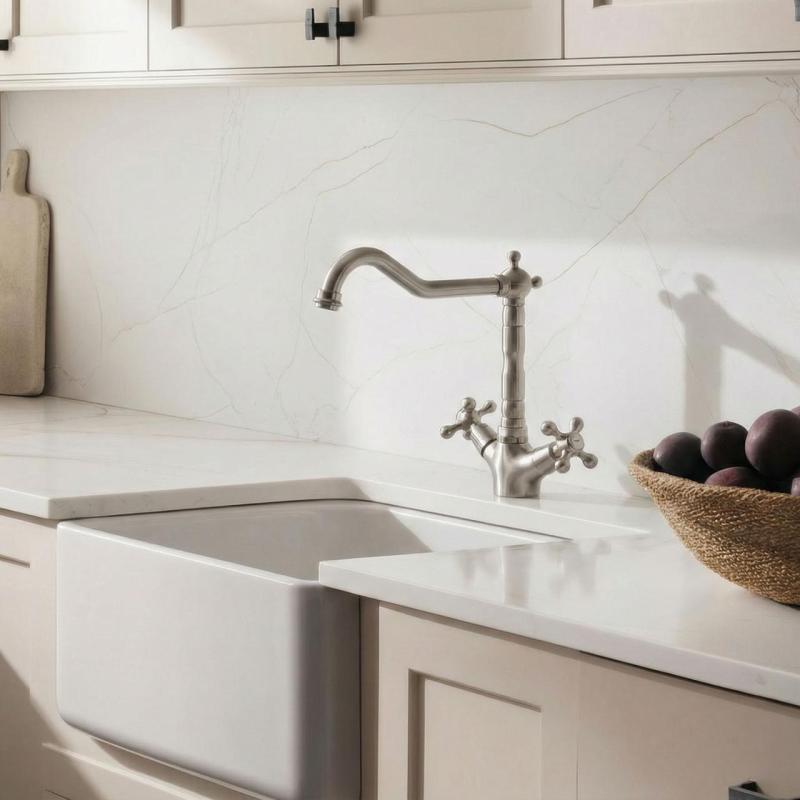 Aquanello Heritage Ascot Klasická kuchyňa – Nostalgická kuchynská batéria z nehrdzavejúcej ocele s uhlovým výtokom NB-4002-HA