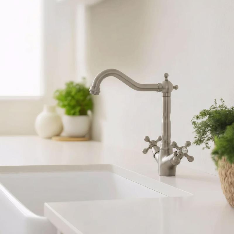 Aquanello Heritage Ascot Klasická kuchyňa – Nostalgická kuchynská batéria z nehrdzavejúcej ocele s uhlovým výtokom NB-4002-HA