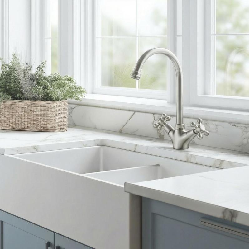 Aquanello Heritage Ascot Klasická kuchyňa – Nostalgická kuchynská batéria z nehrdzavejúcej ocele s okrúhlym výtokom NB-4003-HA