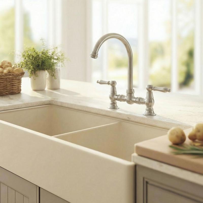 Aquanello Heritage Manor Klasická kuchynská batéria v retro štýle s bielou rukoväťou a okrúhlym výtokom, chróm – CR-0011-HM